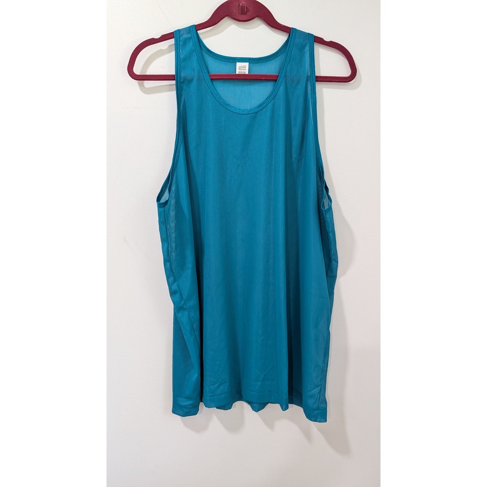 Vintage Jockey Nylon Tricot Tank Top XL 46-48 Teal Blue Ribbed Mesh Undershirt